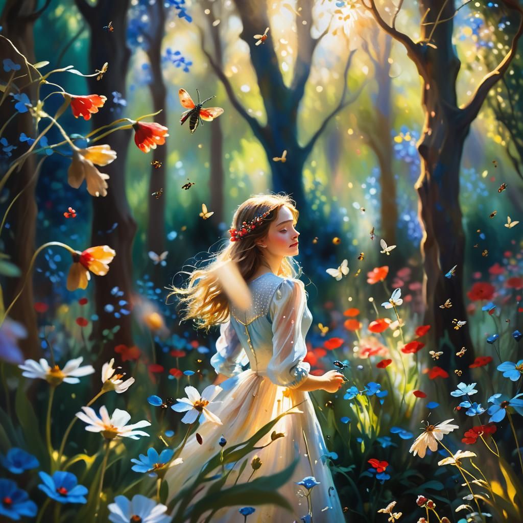 Ethereal Woman in Impressionist Garden with Blue and Red Flo...