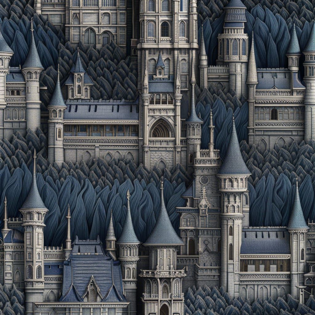 Denim Gothic Castle in Fabric Art Style