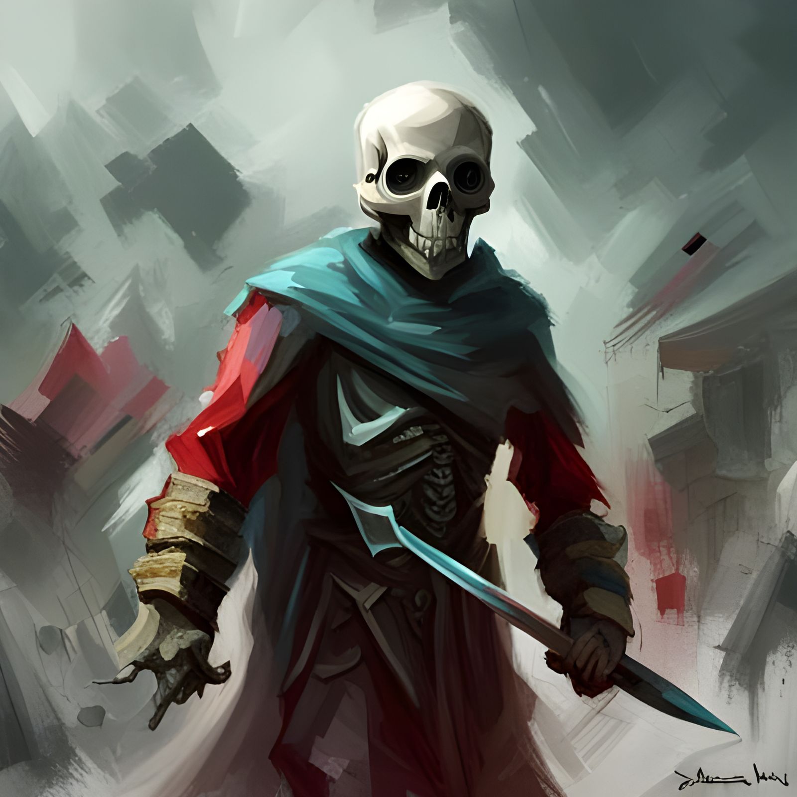 Furious Skeleton Warrior with Sword in Cyan and Crimson