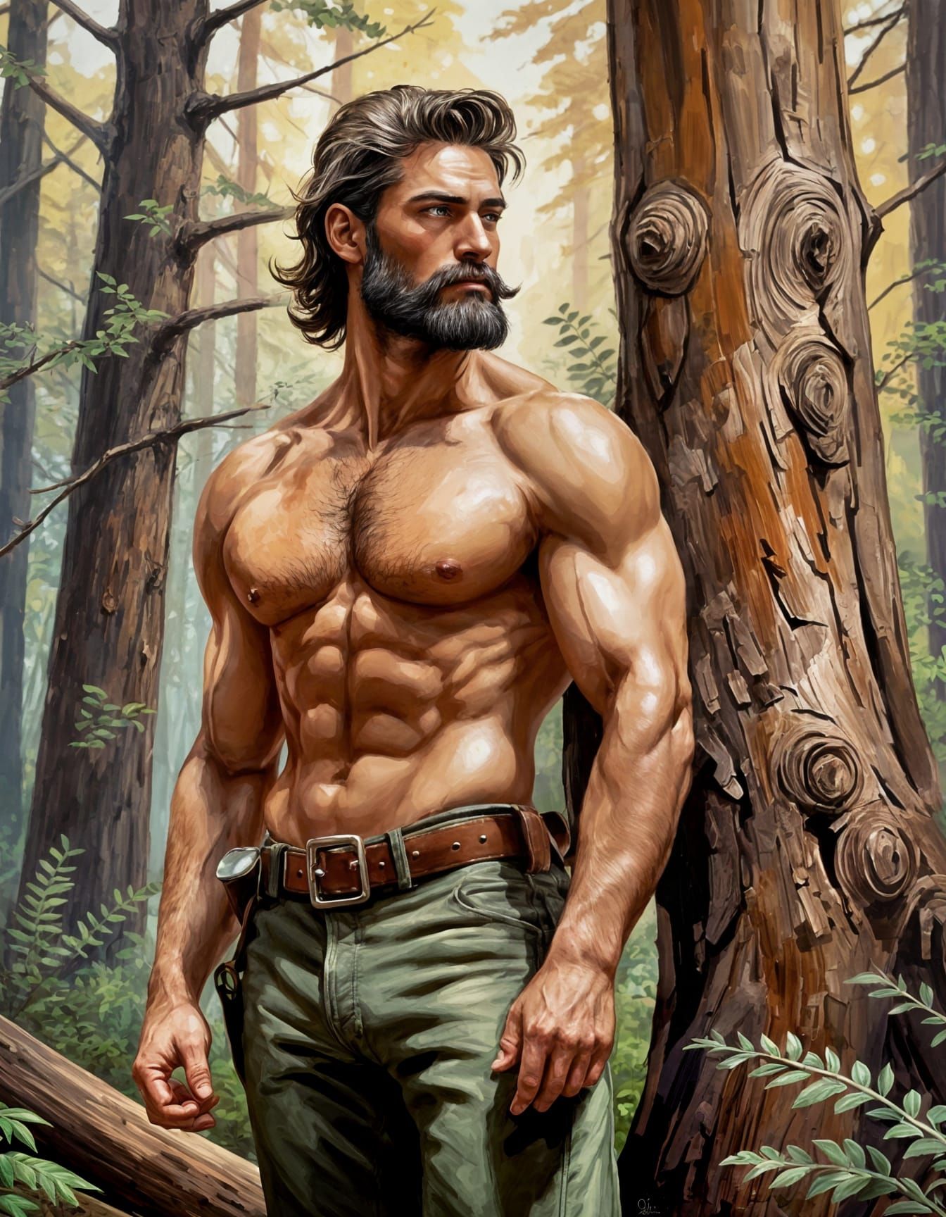 Muscular Lumberjack in Pin-Up Style Oil Painting