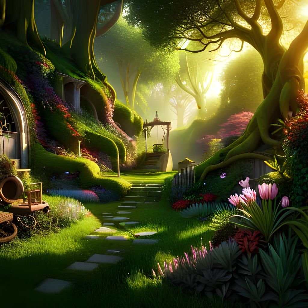 Dreamlike Magical Garden with Rope Swing, 3D Render