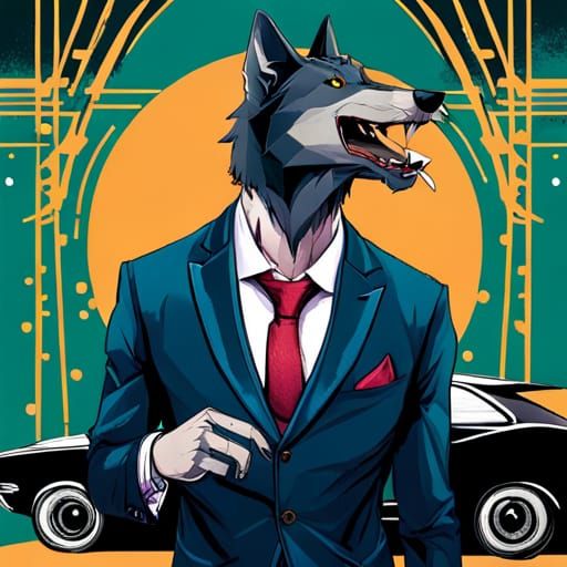 Gentleman Wolf Portrait in Cityscape, Digital Art