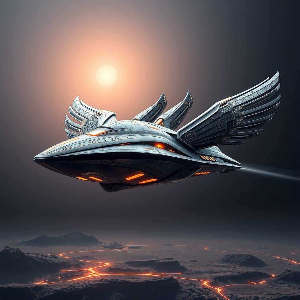 Symmetrical Futuristic Chariot Ship in Ancient Cyberpunk Sty...