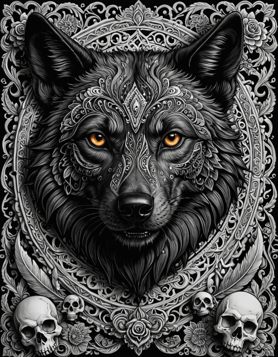 Skully Wolfdog: Dark Wildlife Coloring Book Page