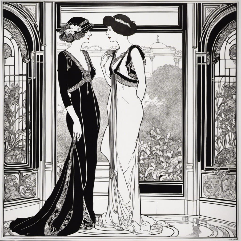 Elegant Women in Art Deco Orangerie Ink Drawing