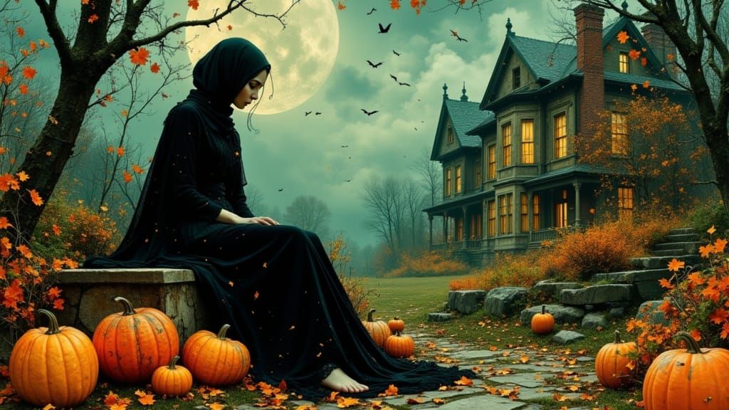 Gothic Autumn Scene with Jack-o'-Lanterns and Ghostly Mansio...