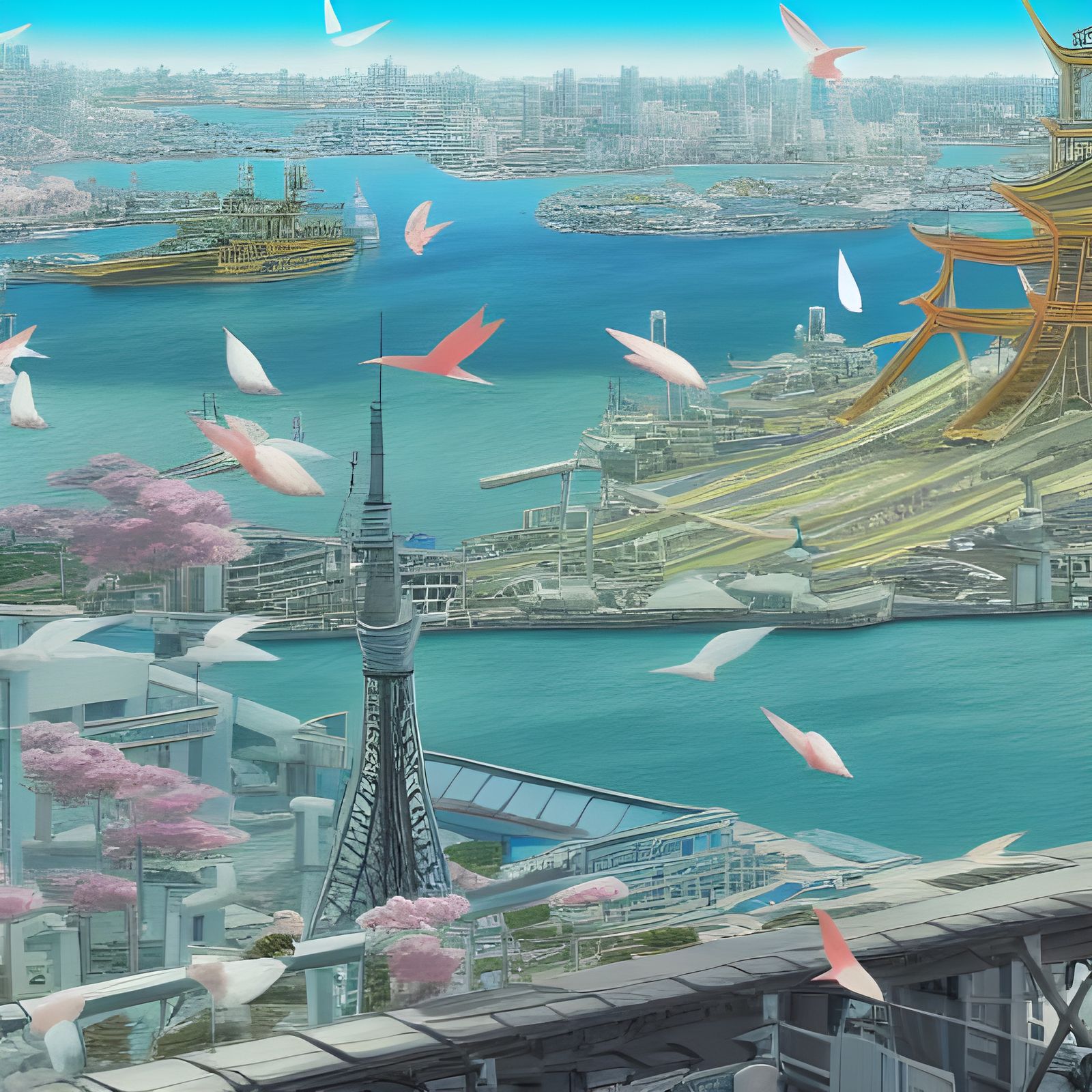 Anime Tokyo Bay View with Birds and Boats