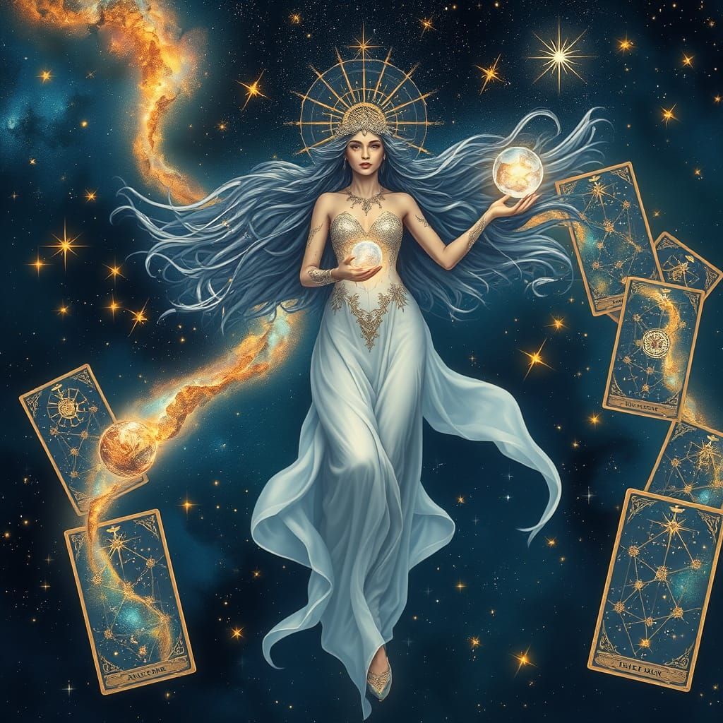Celestial Tarot Oracle Floating Among Stars in Dreamlike Sty...