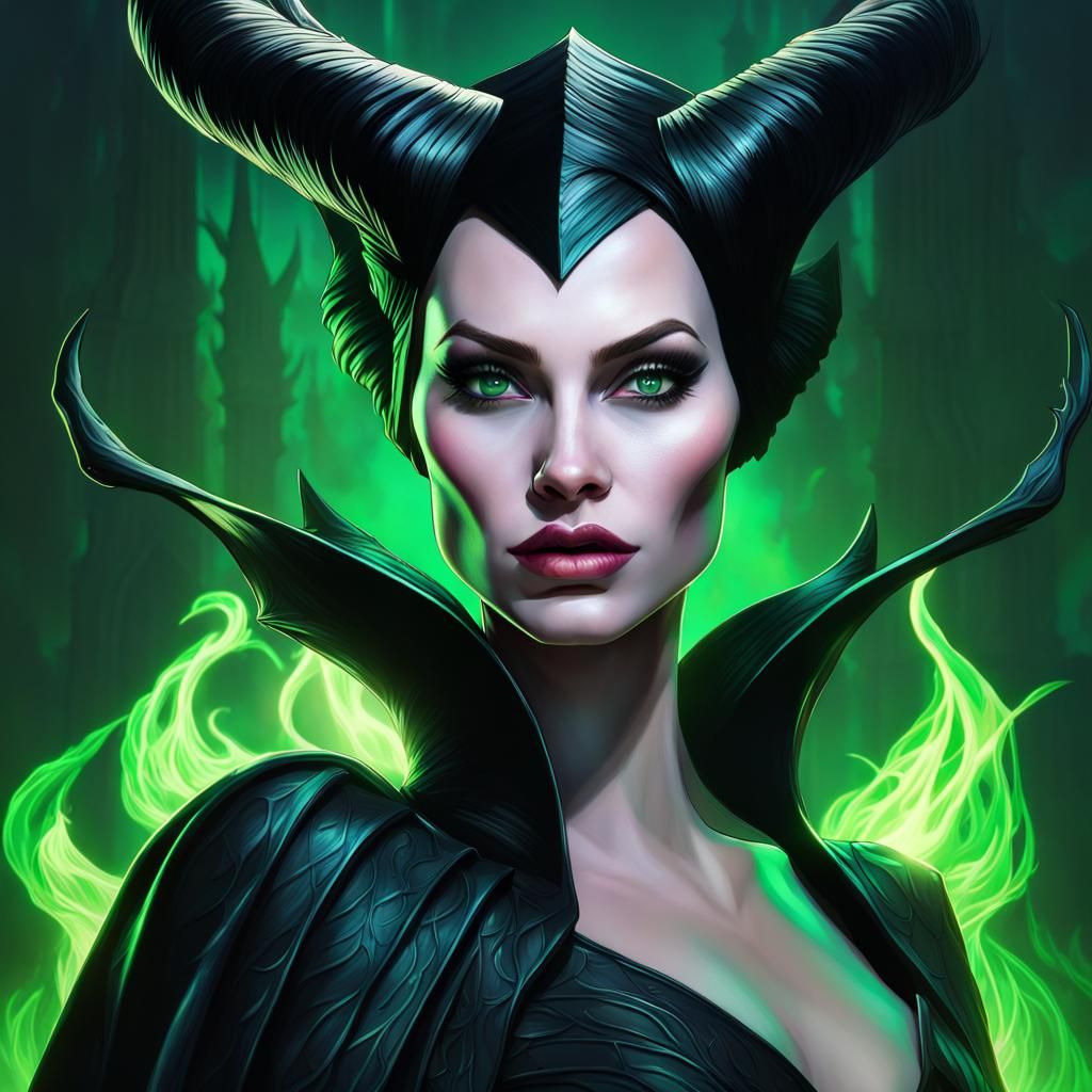 Maleficent with Dragon and Green Flames, Digital Art