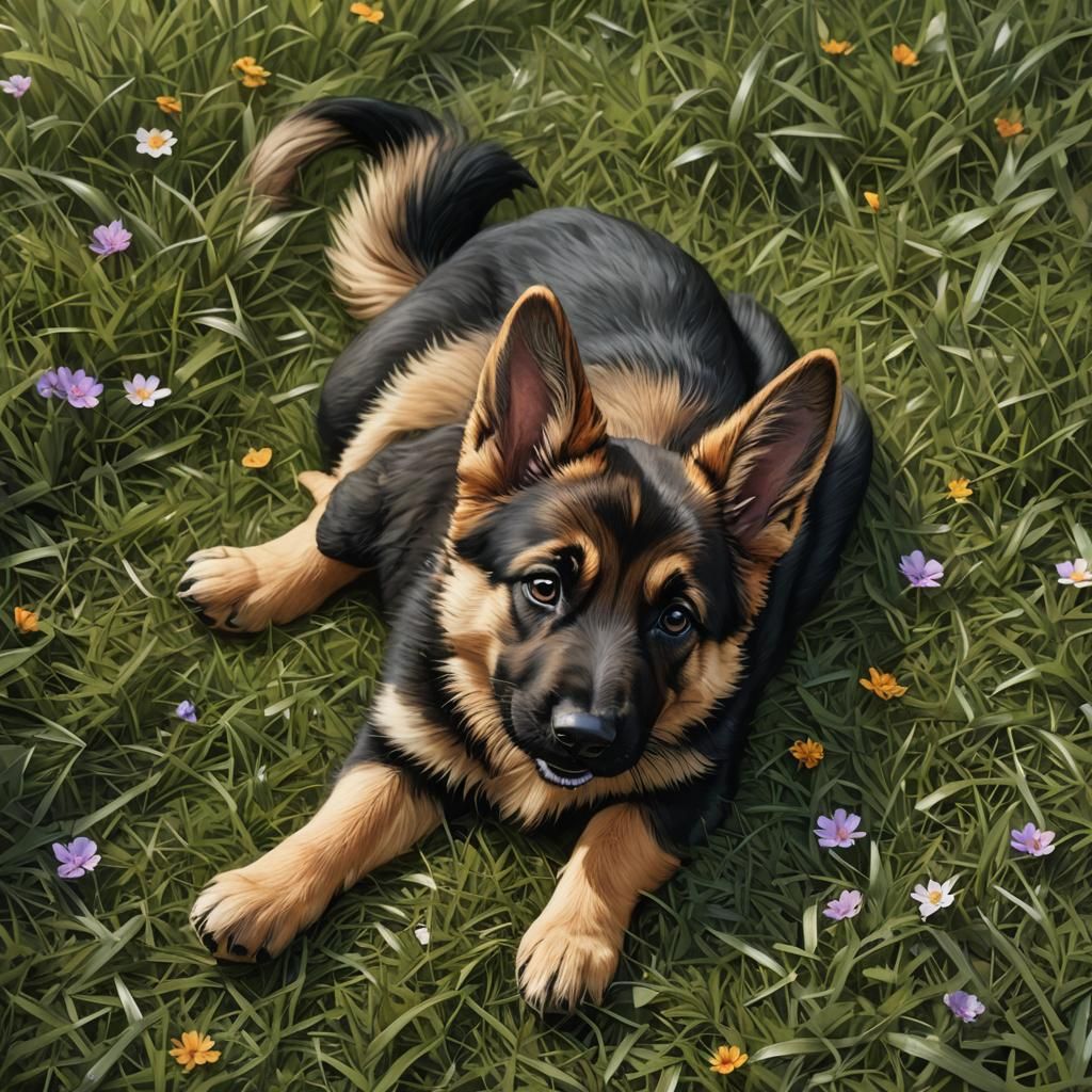 Baby German Shepherd in Grass, Detailed Matte Painting