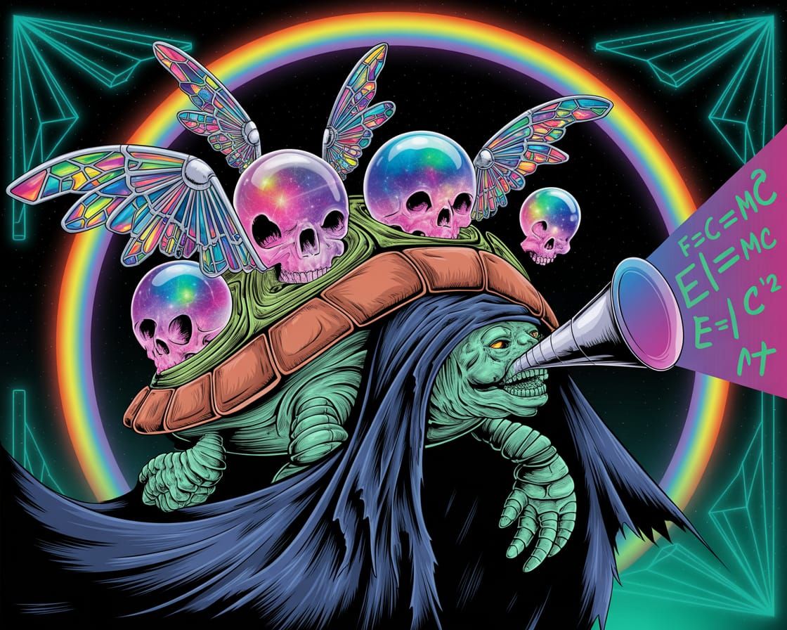 Colossal Cosmic Turtle Blows Nebula Horn in Cyberpunk Style