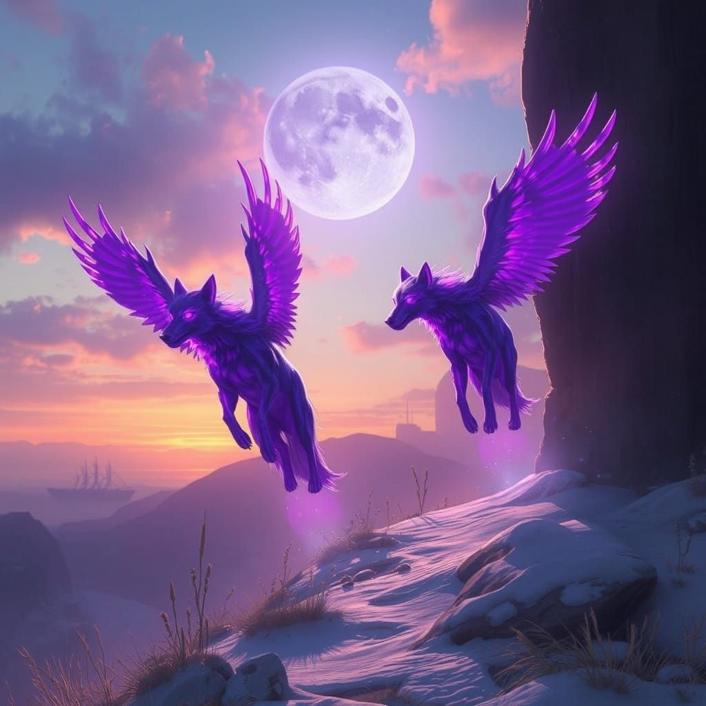 Mystical Purple Wolfhounds Guide Through Dream Landscape