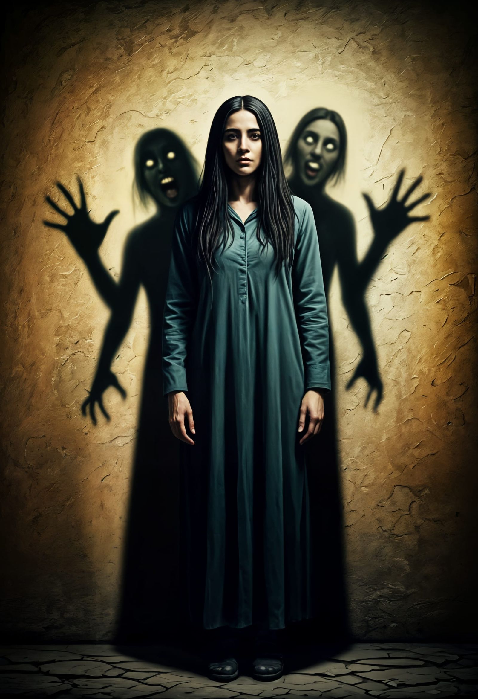 Surreal Portrait of Palestinian Woman with Shadow Figures