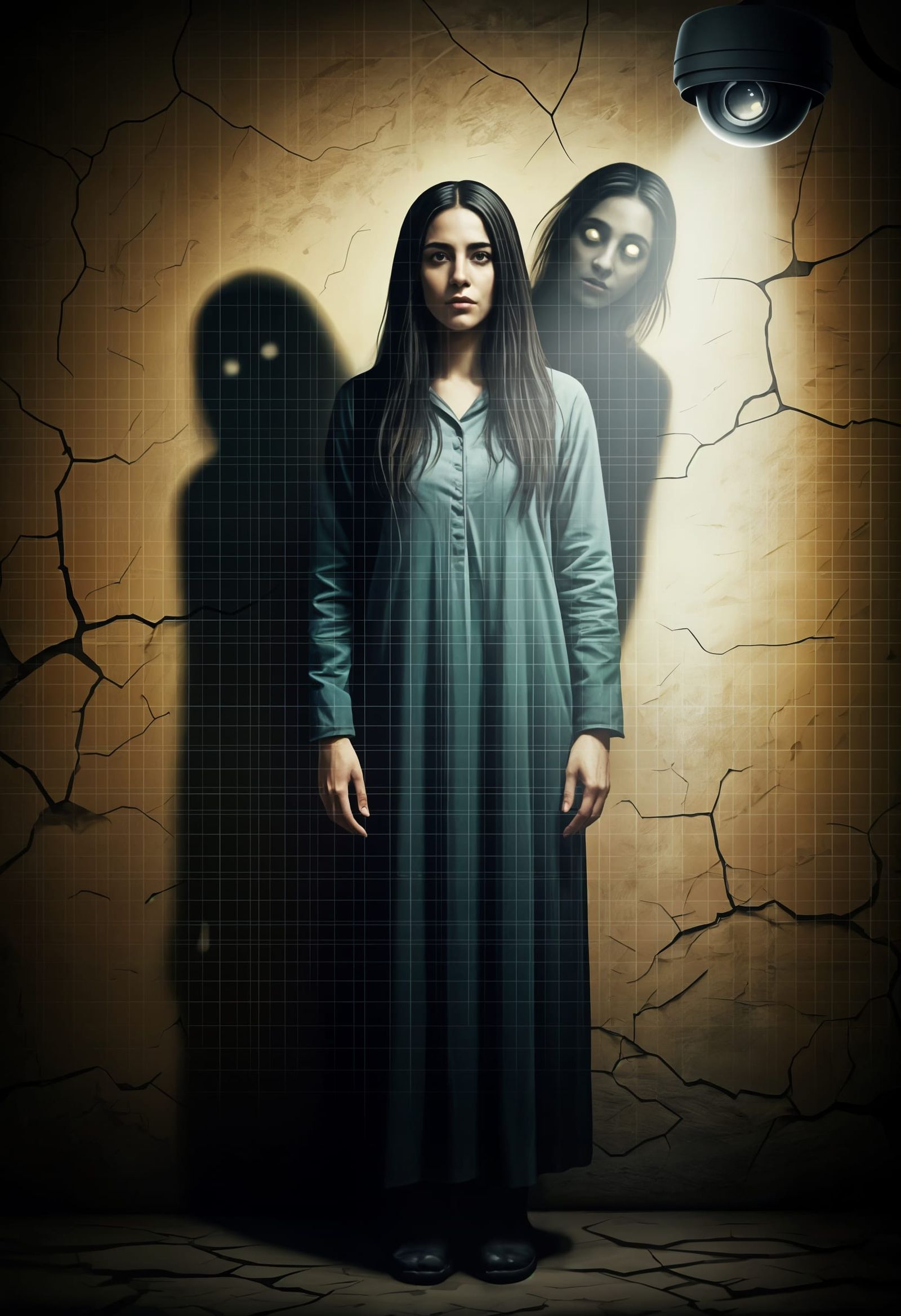 Palestinian Woman Portrait with Twisted Shadows in Surreal S...