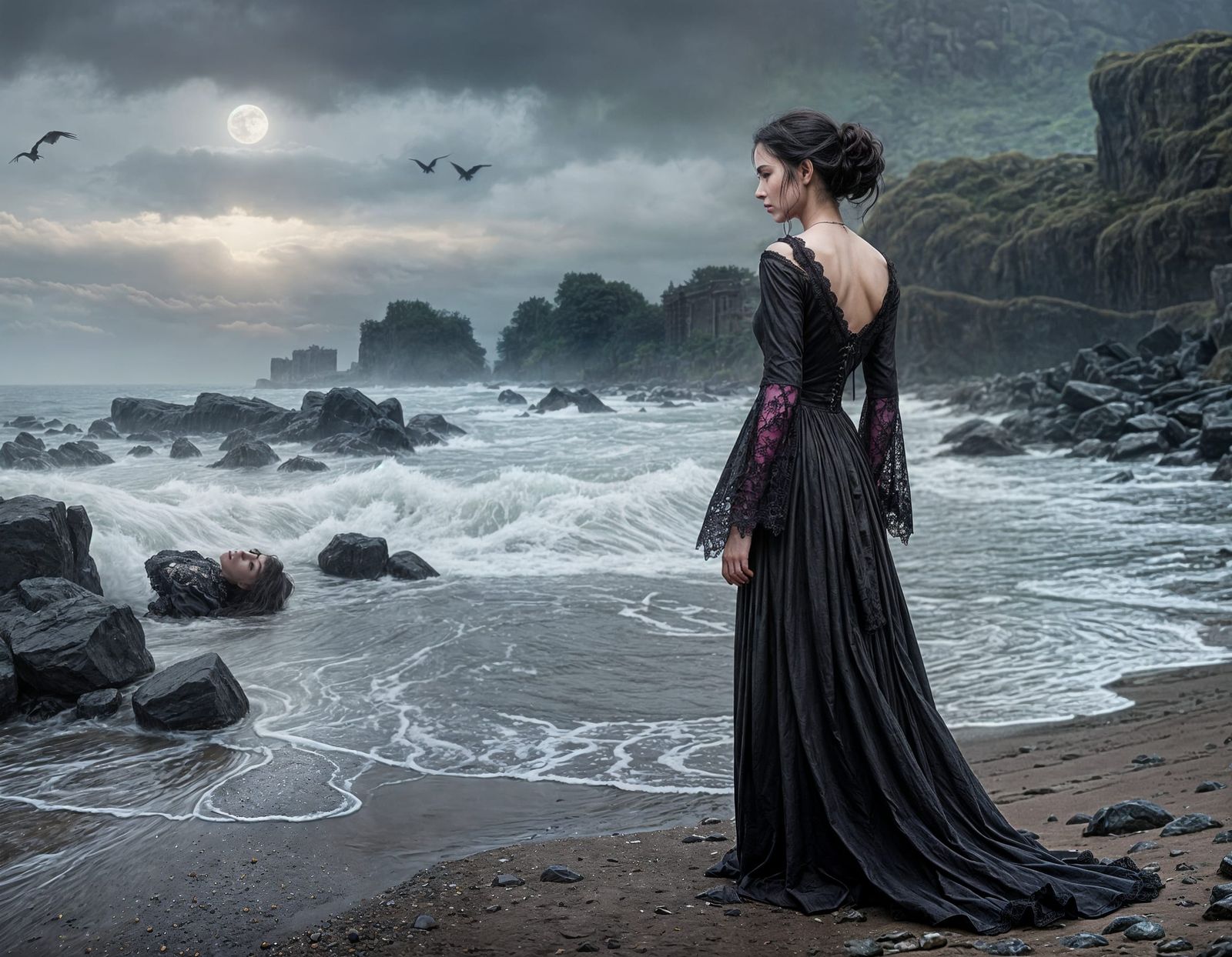 Gothic Goddess at the Shoreline in Muted, Monochromatic Styl...