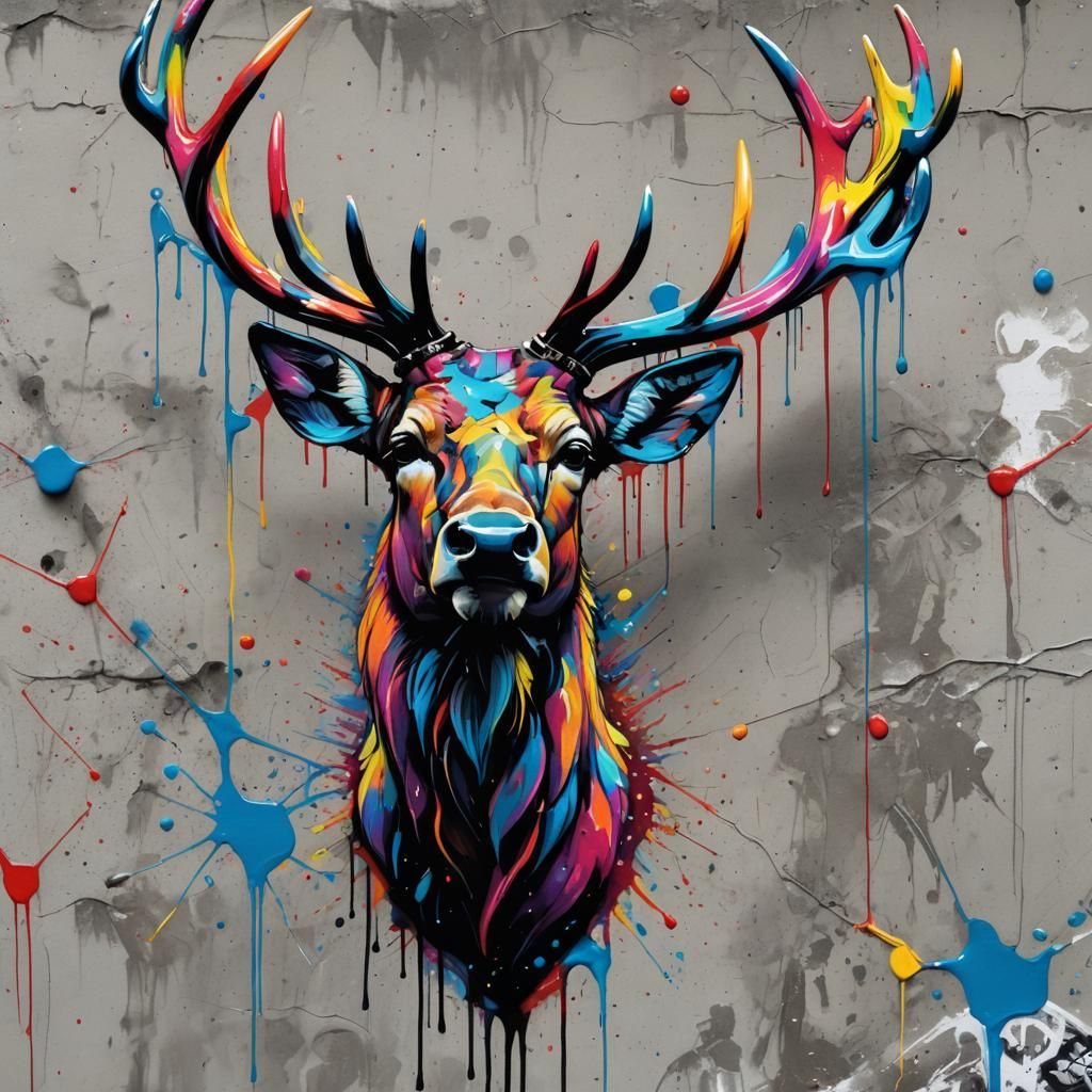 Colorful Spray Paint Stag Head Graffiti Art