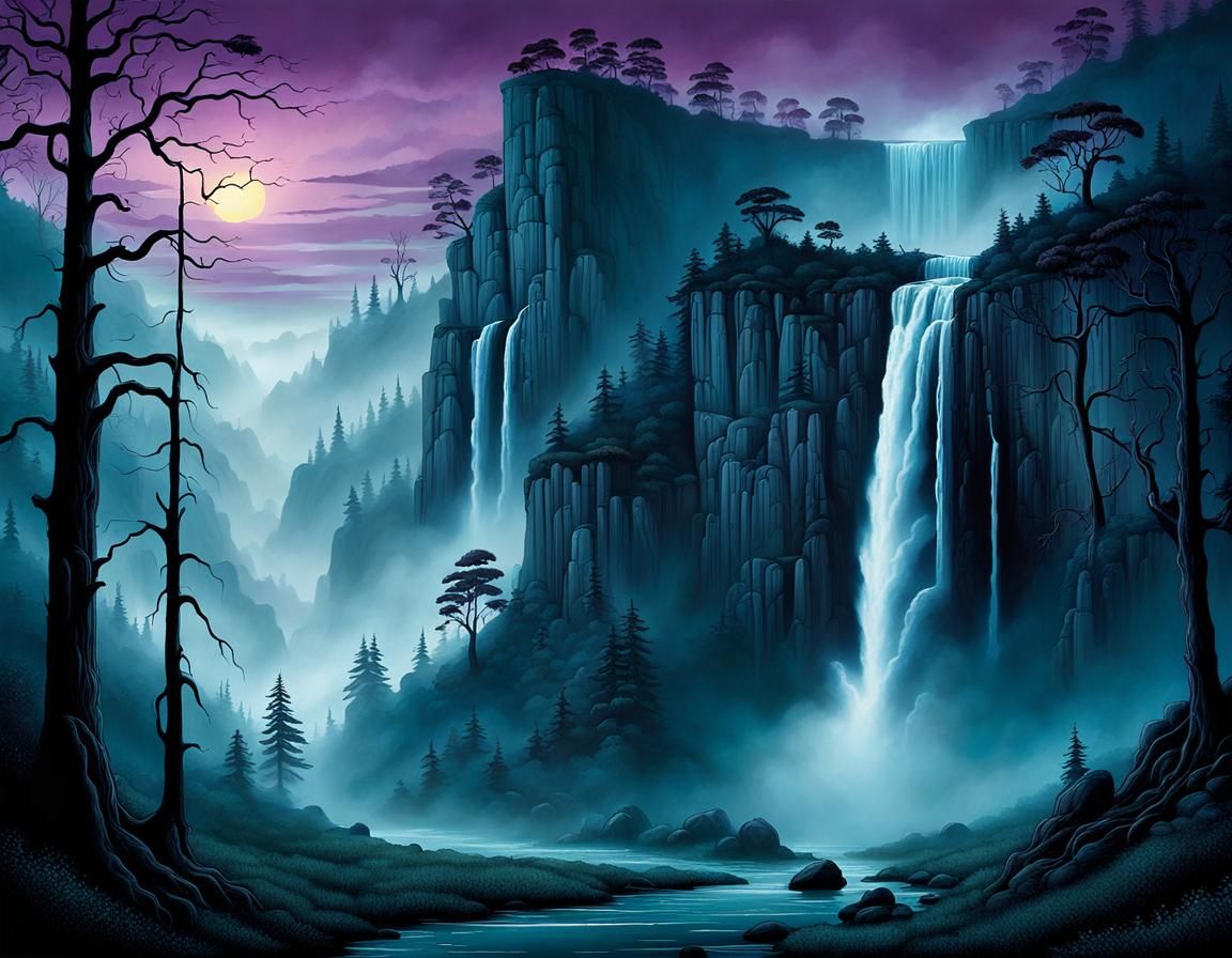 Violet Evening Mist Over Misty Waterfall