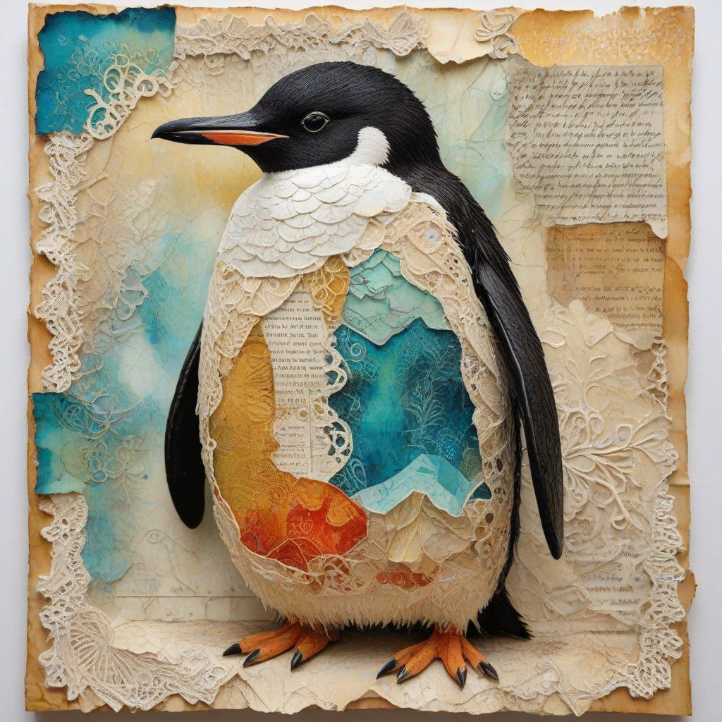 Intricately Layered Mixed Media Penguin in Vibrant Colors