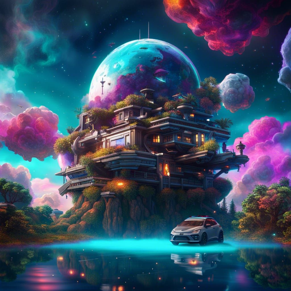 Hyperrealistic Floating Island Mansion with Spaceship