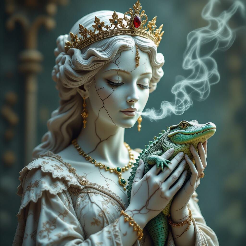 Regal Stone Figure Awakens Crocodile in Mystical Digital Pai...