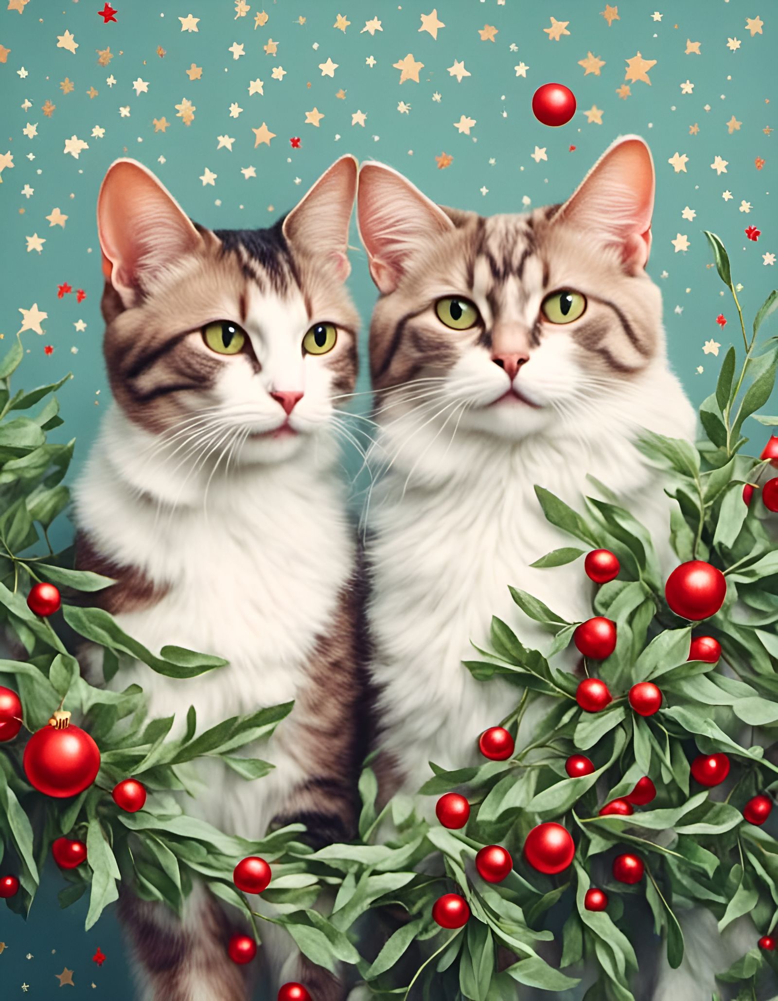 Adorable Cats Cuddling Under Mistletoe in Pastel Colors