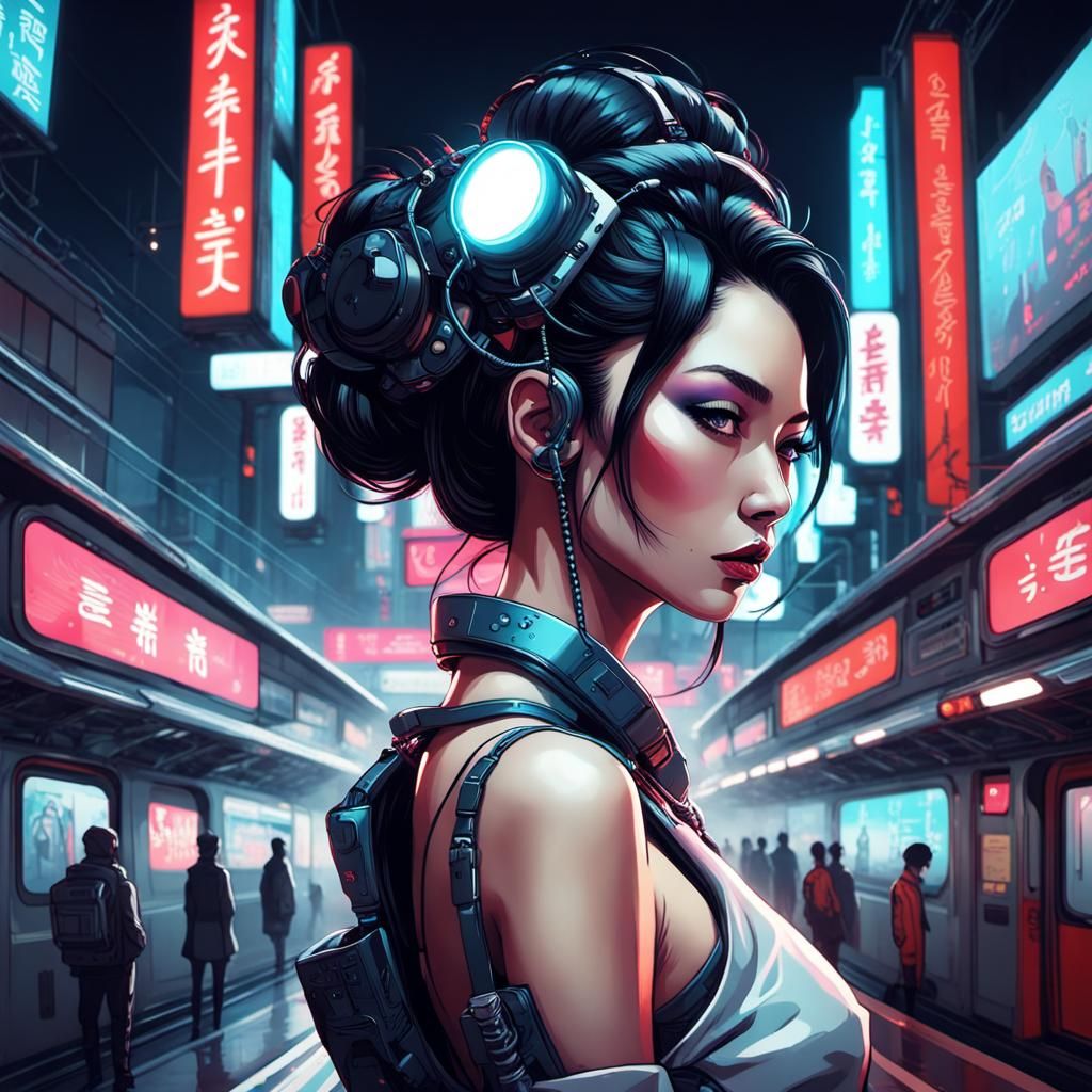 Futuristic Cyberpunk Geisha in Neon Japanese Station