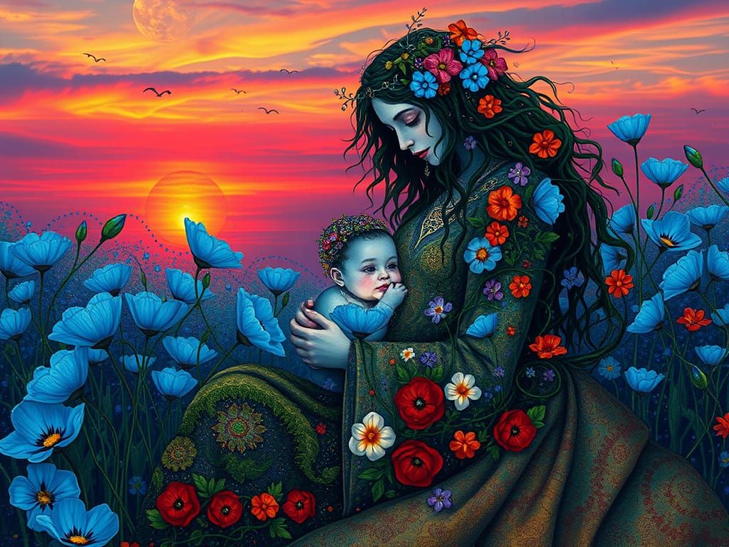 Mother and Child in Vibrant, Dreamlike Scene with Poppies an...