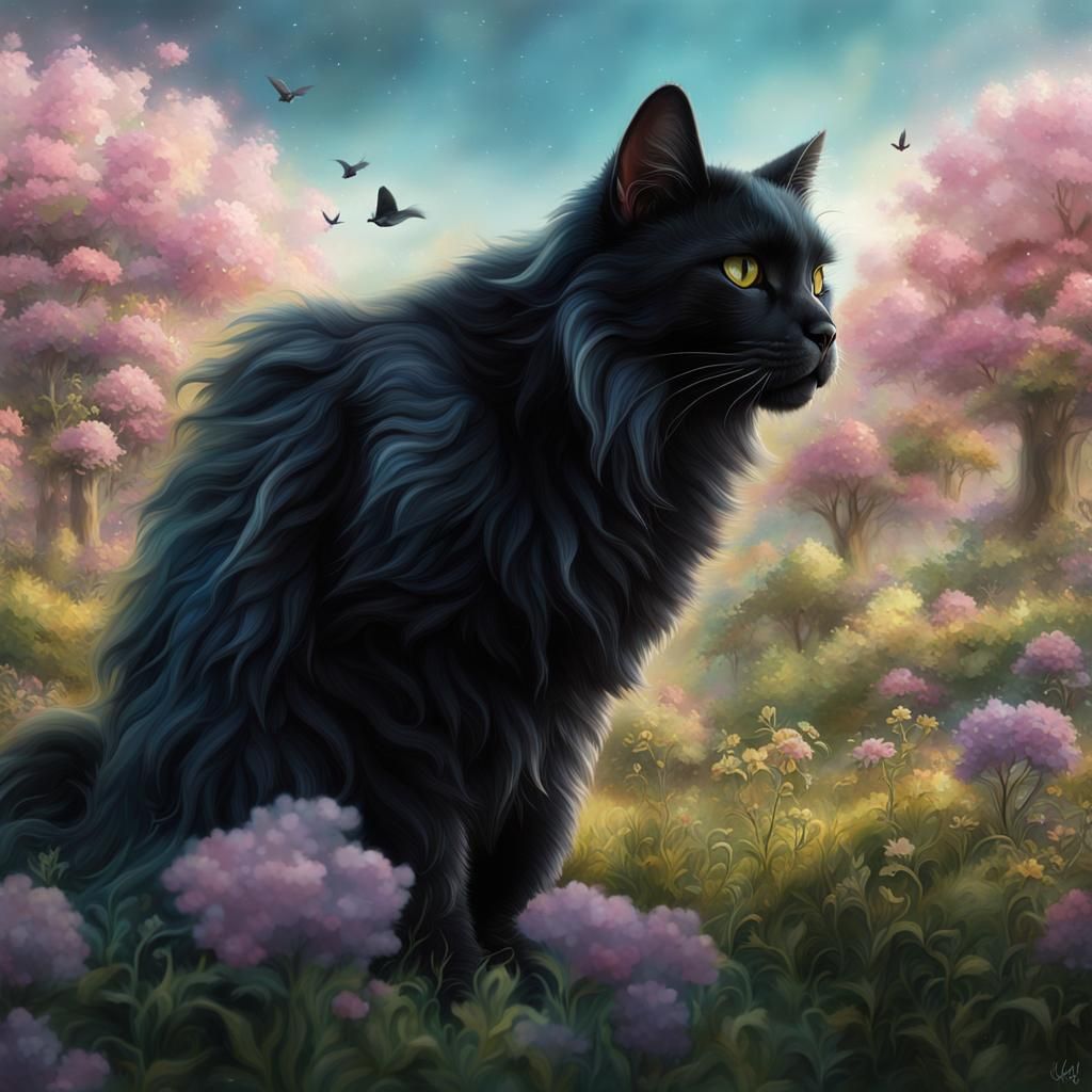 Black Cat Angel in Pastoral Setting