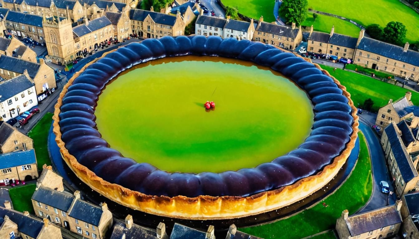 Giant Bakewell Pudding in Surreal Derbyshire Landscape