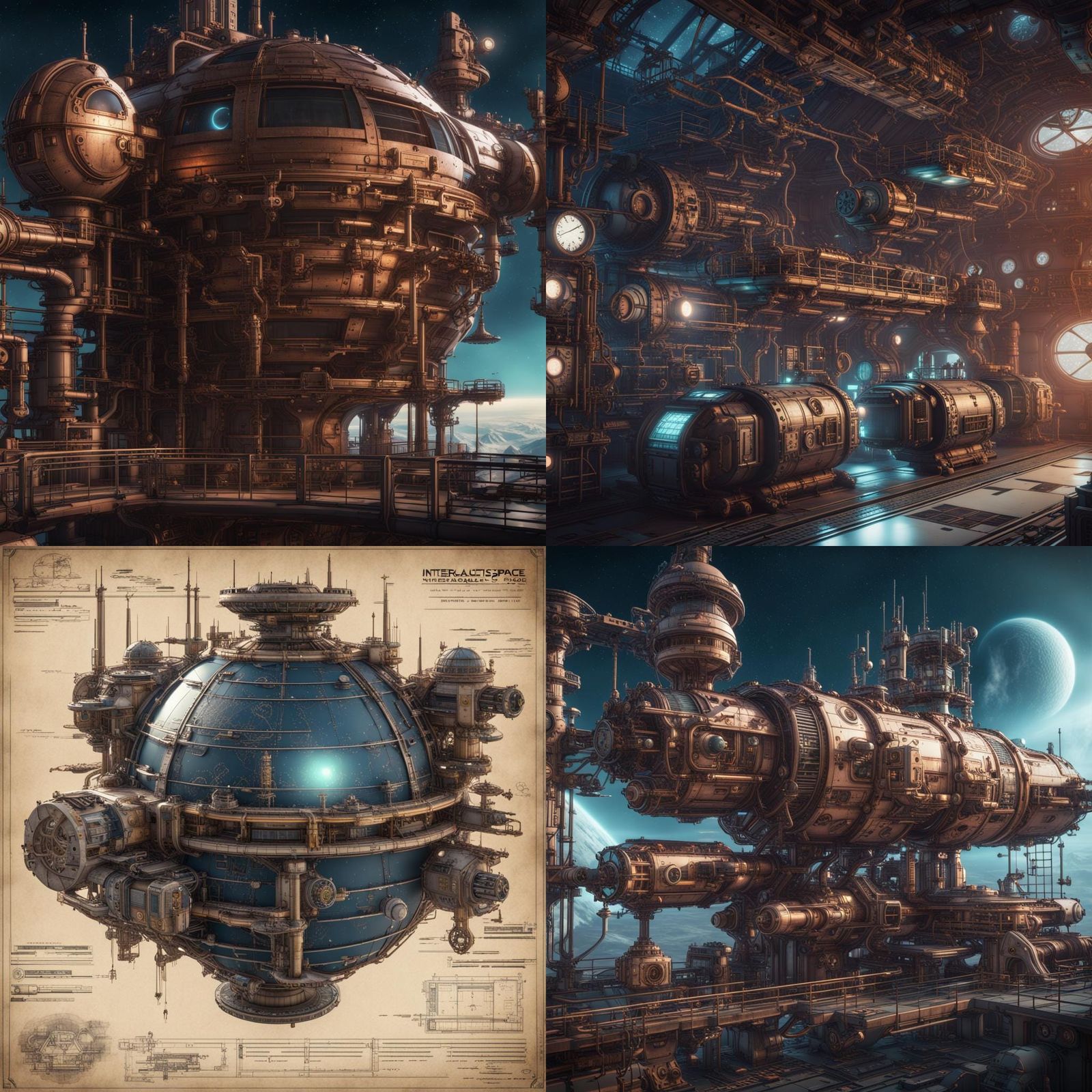 Retro Steampunk Intergalactic Space Station Blueprint