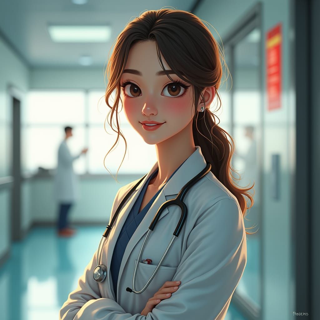 Compassionate Doctor in Modern Hospital: Futuristic Realism