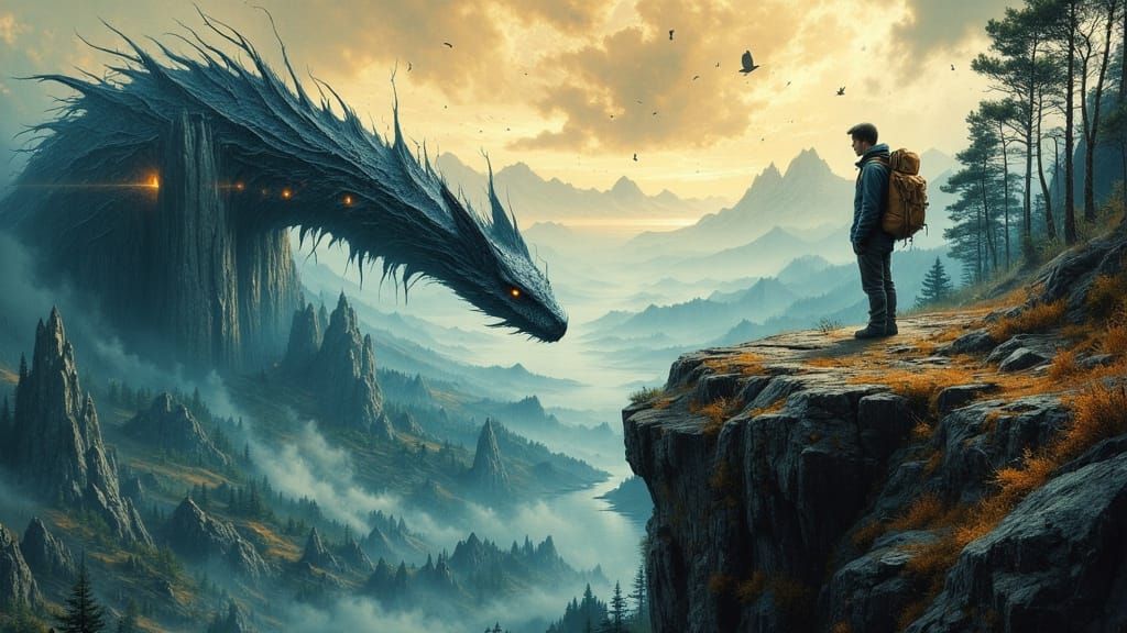 Adventurer Overlooking Dragon in a Monster Forest