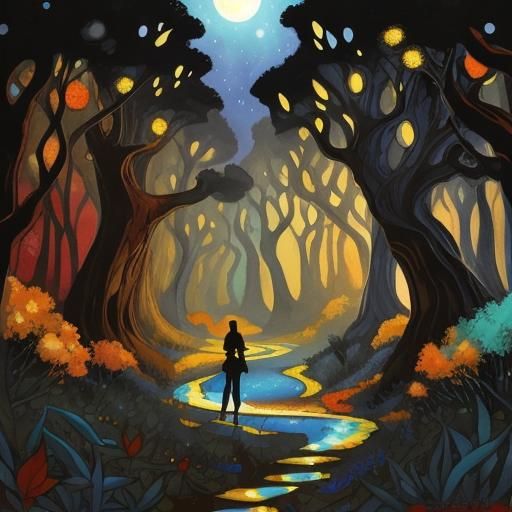 Moonlit Forest Path in Cubist Alcohol Ink Style