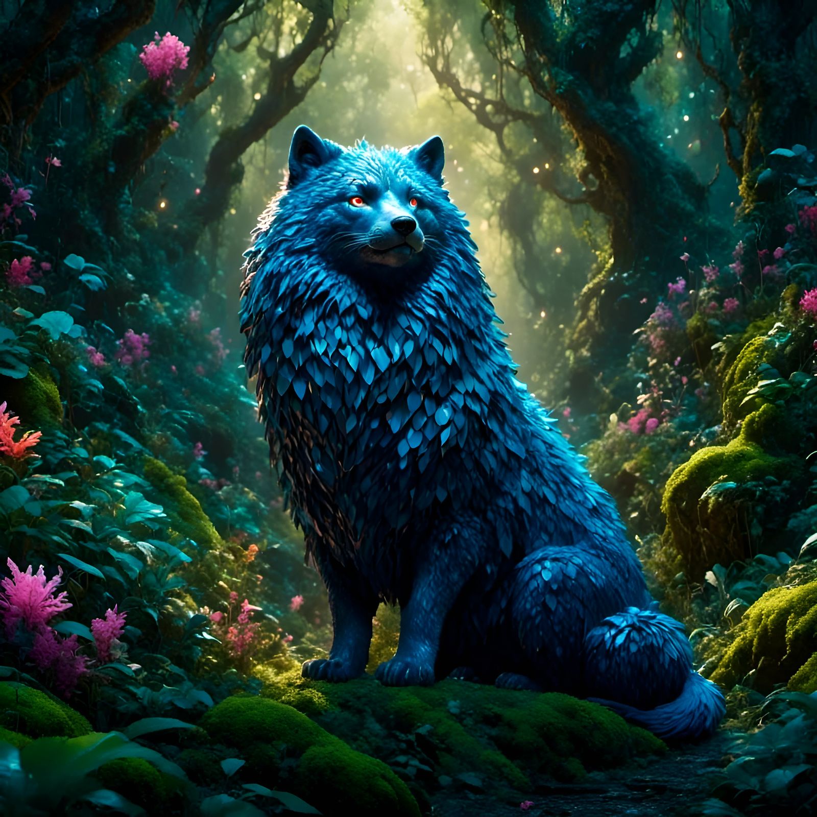 Magical Beast Wandering Through Bioluminescent Forest