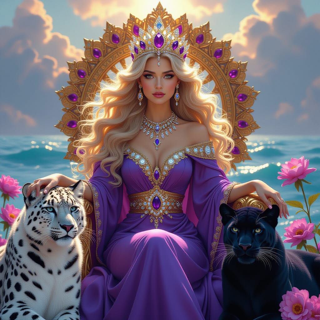 Cosmic Empress on Floral Throne, Ethereal Art