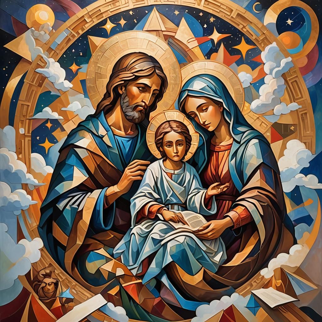 Cubist Holy Family in Abstract Geometric Dreamscape