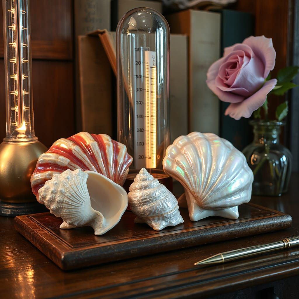 Iridescent Seashells on Scientist's Bookshelf