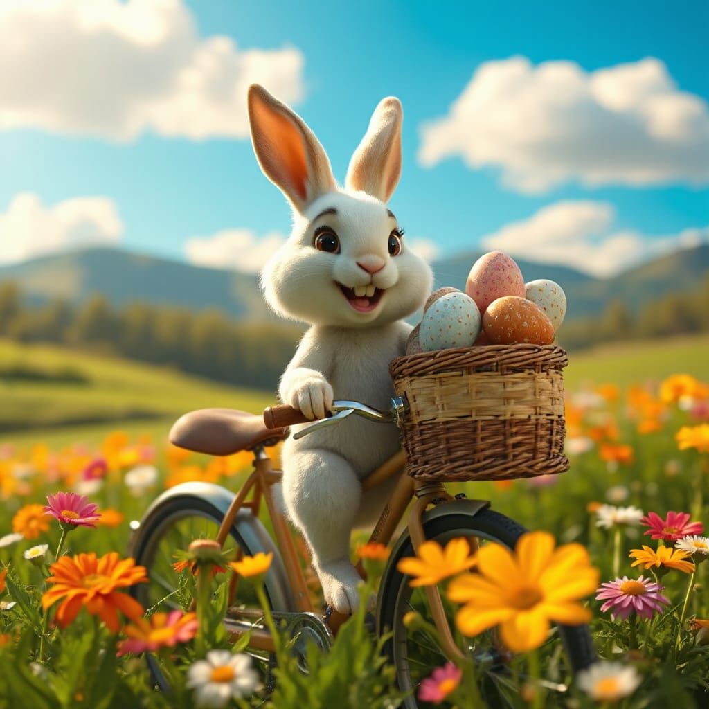 Whimsical White Rabbit Rides Vintage Bicycle through Vibrant...