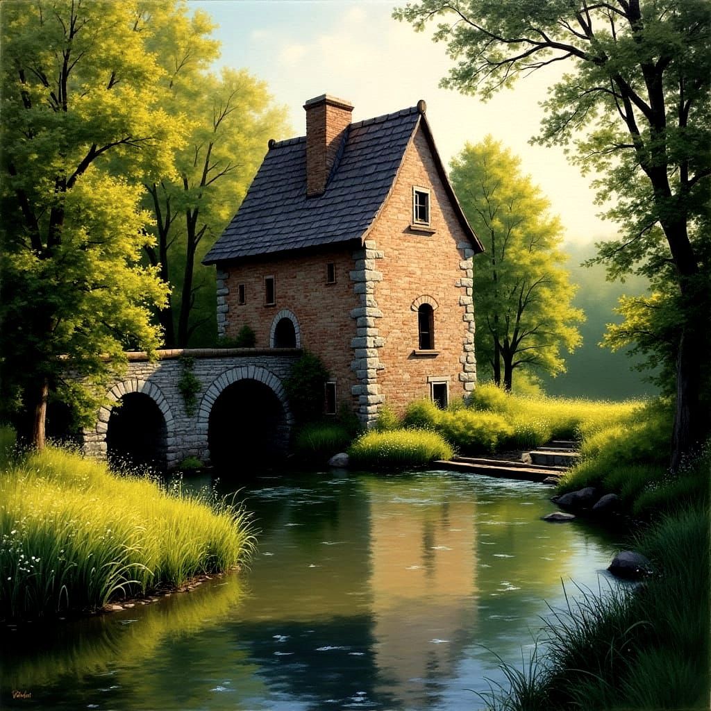 Watermill by the River in Vintage Style