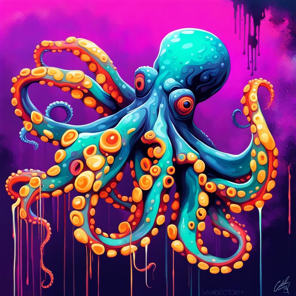 Neon Octopus Swimming: Graffiti Splash Art