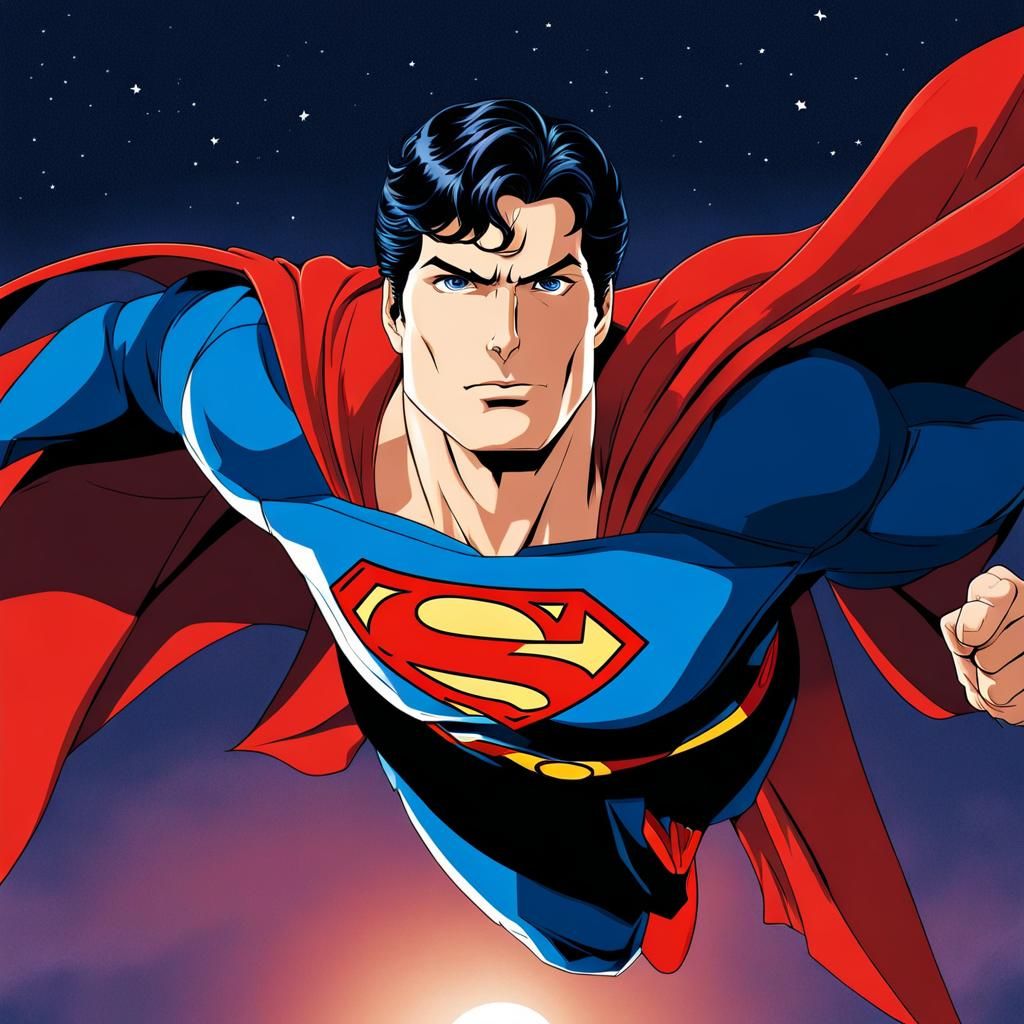 Christopher Reeve as Superman in an anime style