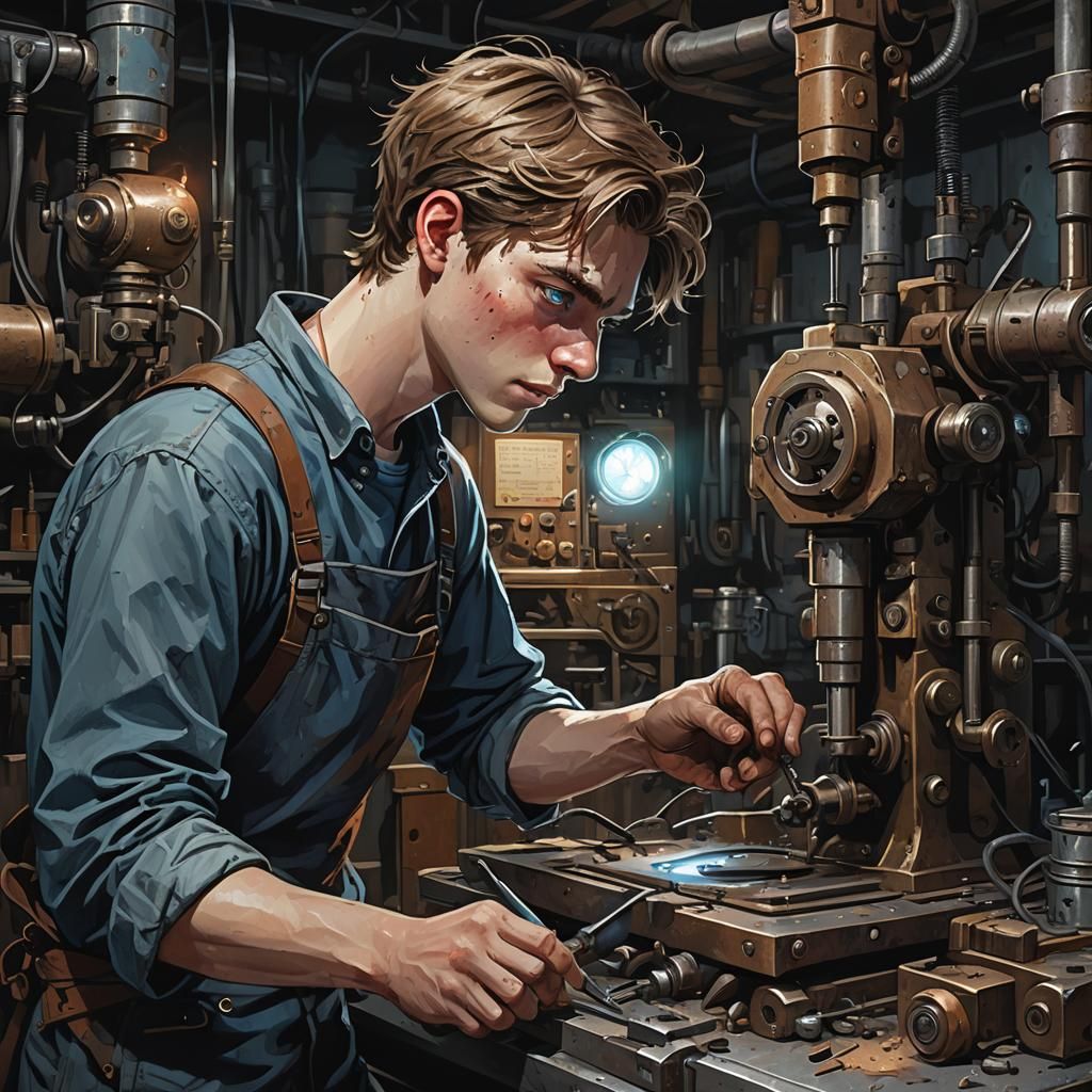 Dark Fantasy: Young Mechanic in Art Nouveau Style