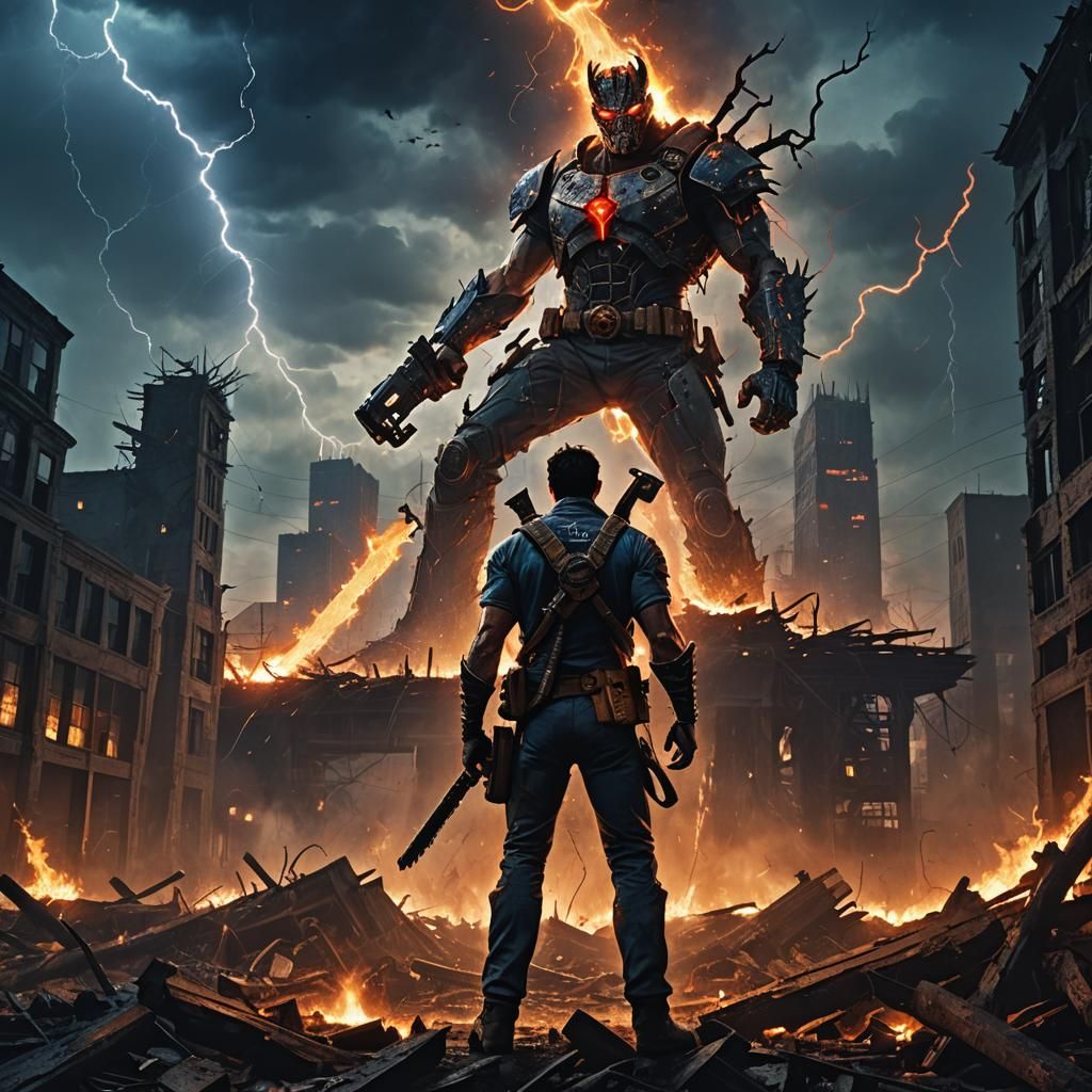 Ash Williams Confronts Satan in Apocalyptic Cityscape