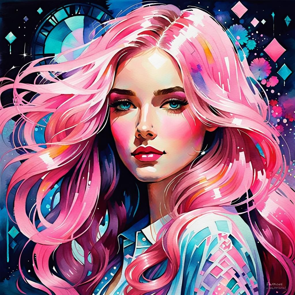 Art Deco Watercolor Portrait of a Sparkling-Haired Woman