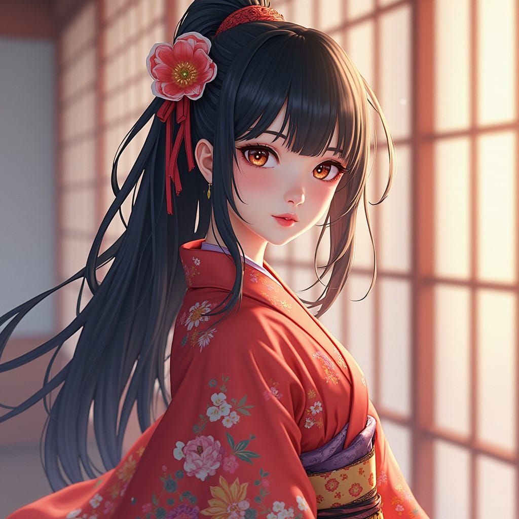 Japanese Goddess in Elegant Kimono Style
