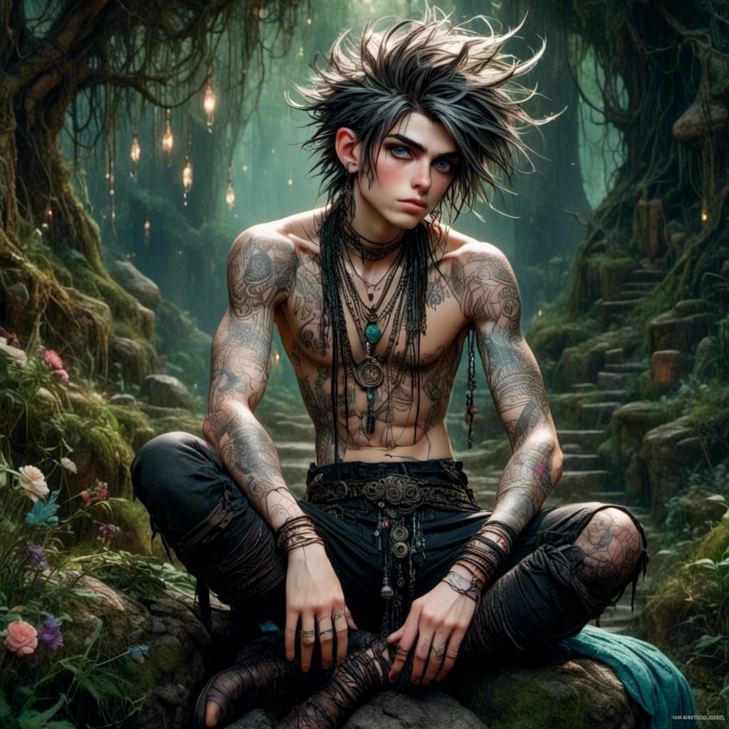Pierced and Tattooed Man in Moody Forest