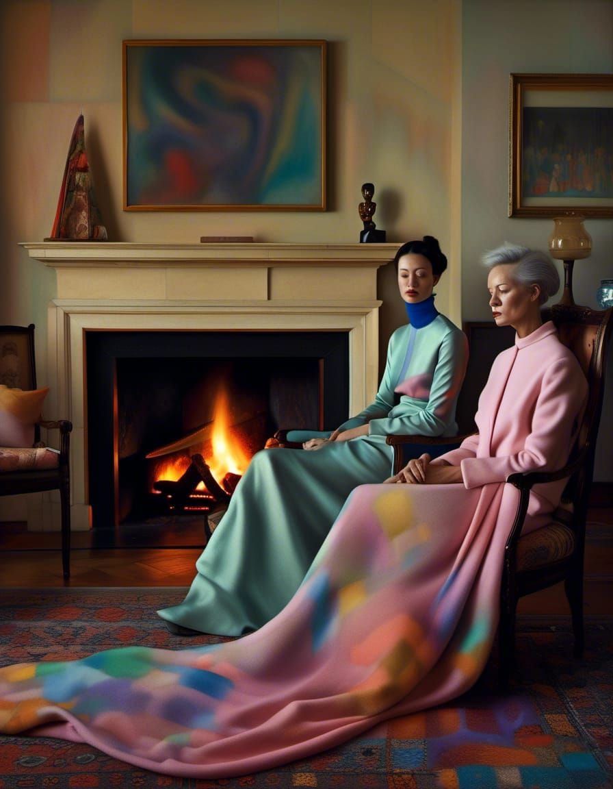 Polychromatic Fireplace Scene in Hyperrealistic Style