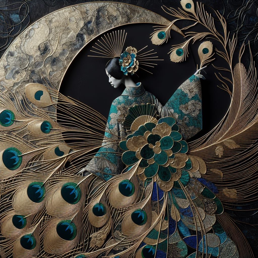 Luxurious Peacock Kimono Scene in Vibrant Abstraction