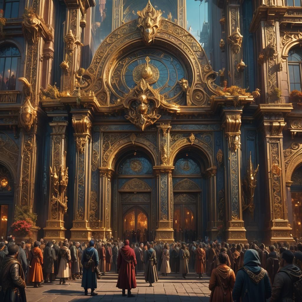 Fantastical Gathering Before Ornate Building, Matte Painting