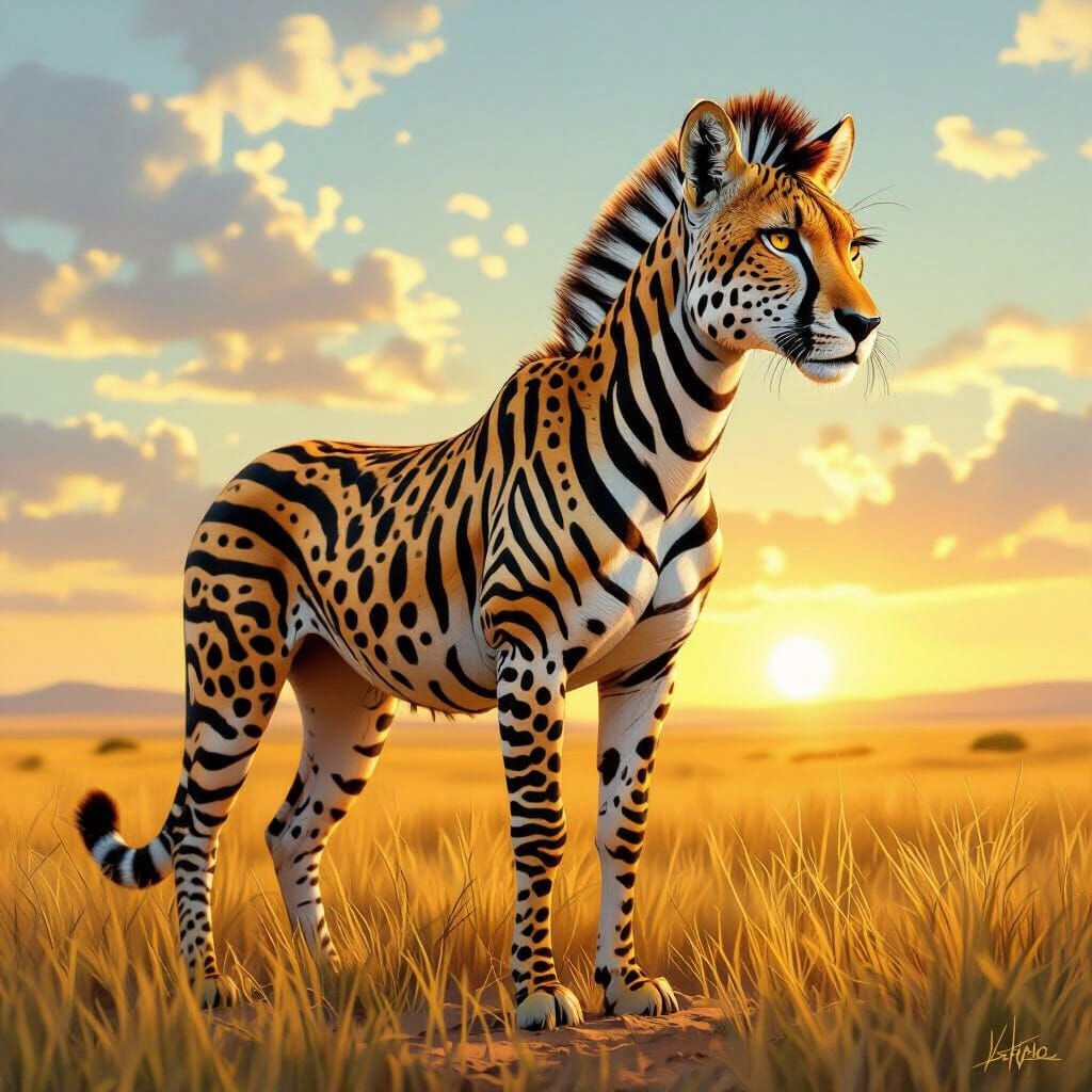 Cheetah-Zebra Hybrid Creature in Savanna Digital Painting